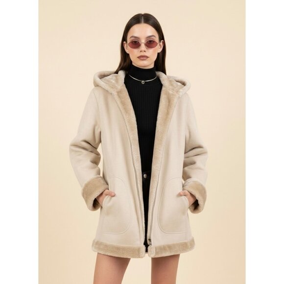 Esprit Jackets & Blazers - VTG 90s Penny Lane Esprit Faux Suede Shearling Hooded Coat | Mob Wife Whimsigoth